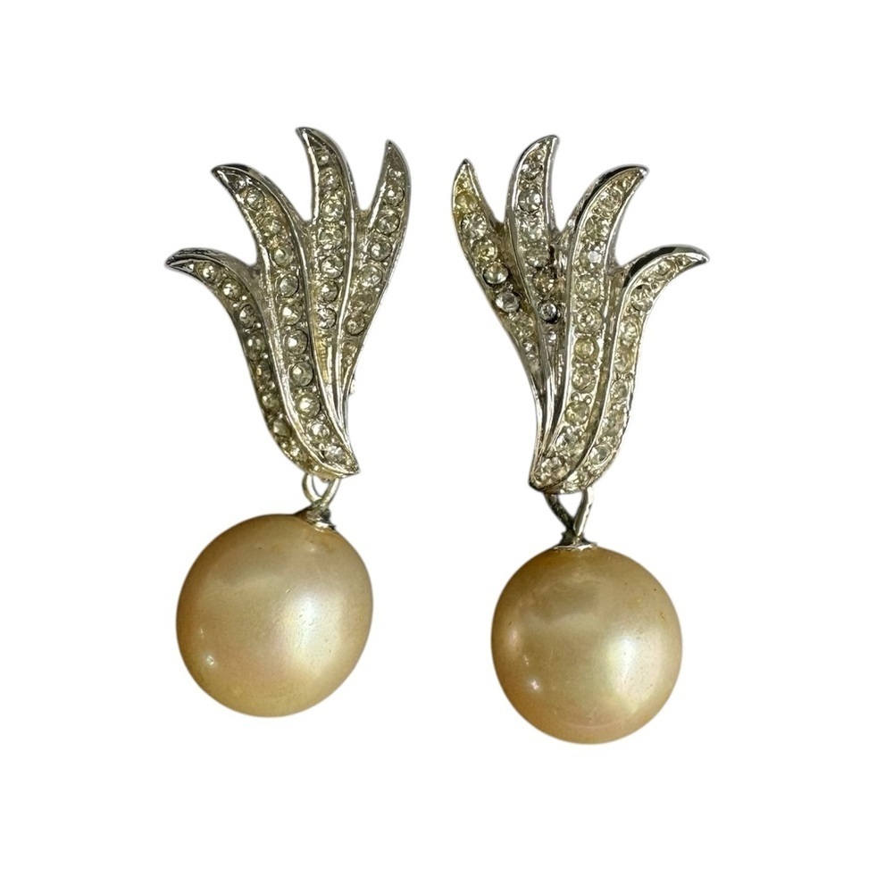 Vintage‎ Vendome Pearl Drop Clip-On Earrings Silver Rhinestone Bridal Bride